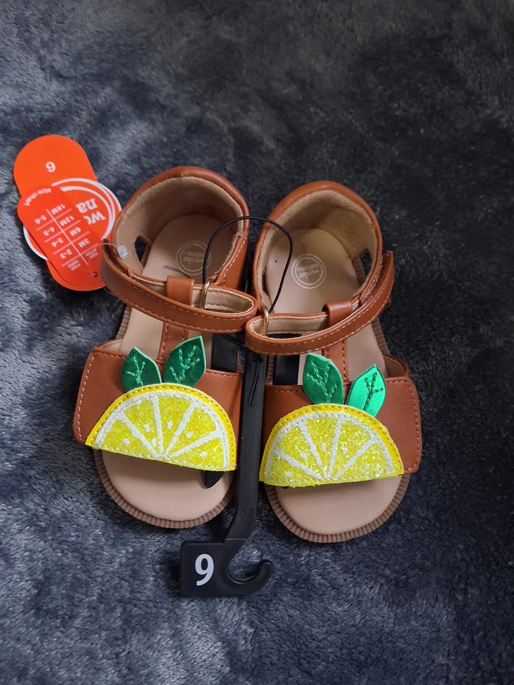 NWT Wonder Nation Lemon Fruit Glitter Strappy Sandals Brown/Yellow Girls Size 6